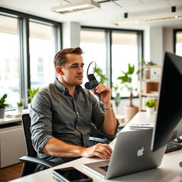 A man sitting in a modern office, wearing a casual button-up shirt with rolled sleeves, focused on his work