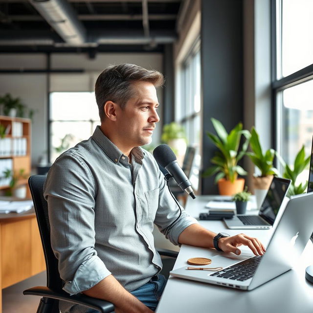 A man sitting in a modern office, wearing a casual button-up shirt with rolled sleeves, focused on his work