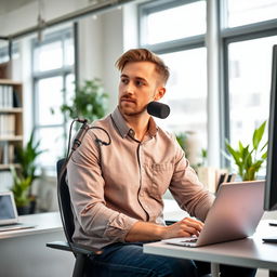 A man sitting in a modern office, wearing a casual button-up shirt with rolled sleeves, focused on his work