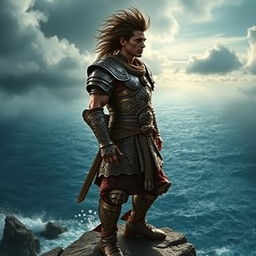 A powerful, fearless warrior standing on a cliff edge, gazing determinedly into the horizon