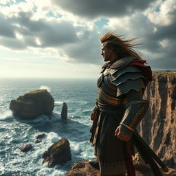 A powerful, fearless warrior standing on a cliff edge, gazing determinedly into the horizon
