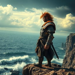 A powerful, fearless warrior standing on a cliff edge, gazing determinedly into the horizon
