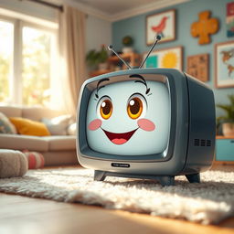 A whimsical television character with a cute smile, sitting in a cozy living room filled with colorful decor