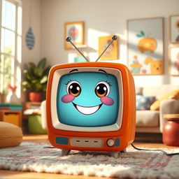 A whimsical television character with a cute smile, sitting in a cozy living room filled with colorful decor