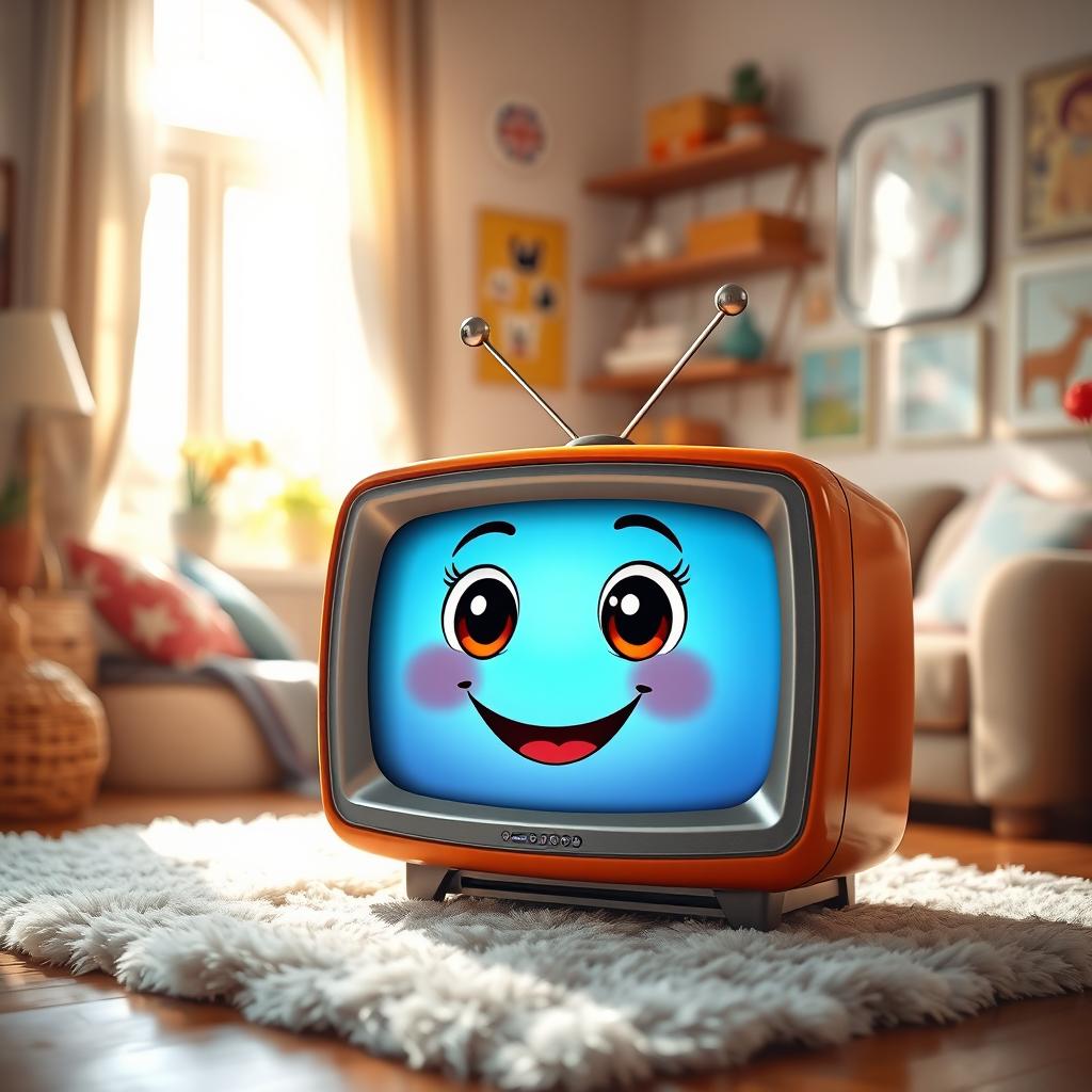 A whimsical television character with a cute smile, sitting in a cozy living room filled with colorful decor