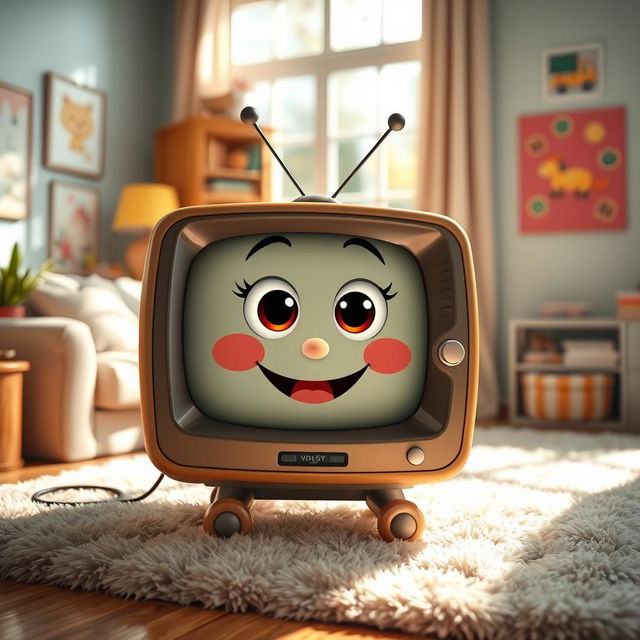 A whimsical television character with a cute smile, sitting in a cozy living room filled with colorful decor