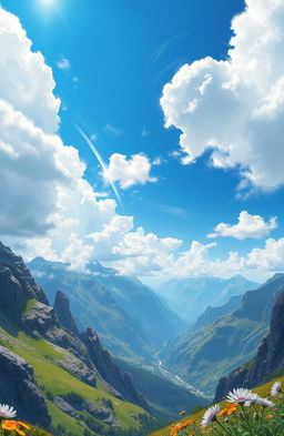 A vivid digital painting capturing a bright blue sky filled with fluffy white clouds, soaring above a breathtaking range of majestic mountains