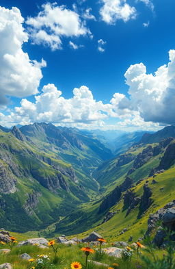 A vivid digital painting capturing a bright blue sky filled with fluffy white clouds, soaring above a breathtaking range of majestic mountains