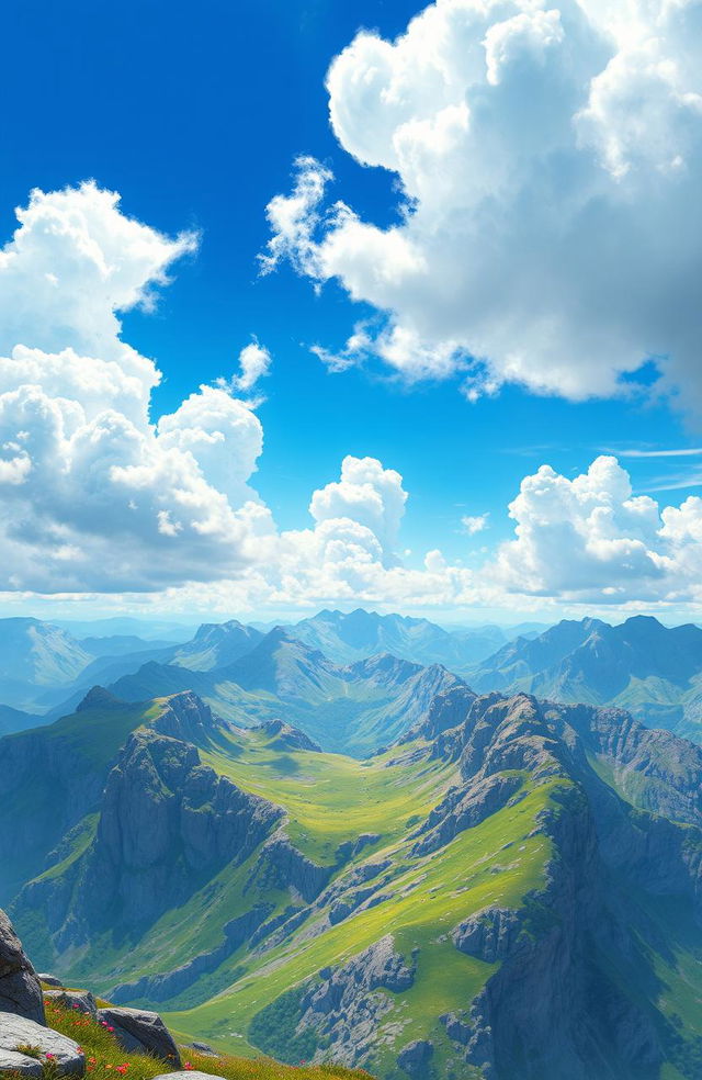 A vivid digital painting capturing a bright blue sky filled with fluffy white clouds, soaring above a breathtaking range of majestic mountains