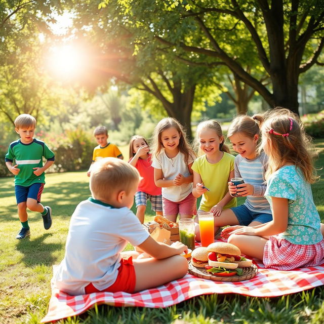 A vibrant scene featuring a group of boys and girls enjoying a sunny day at a park