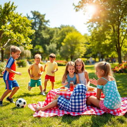A vibrant scene featuring a group of boys and girls enjoying a sunny day at a park