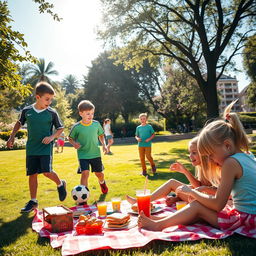 A vibrant scene featuring a group of boys and girls enjoying a sunny day at a park