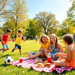 A vibrant scene featuring a group of boys and girls enjoying a sunny day at a park