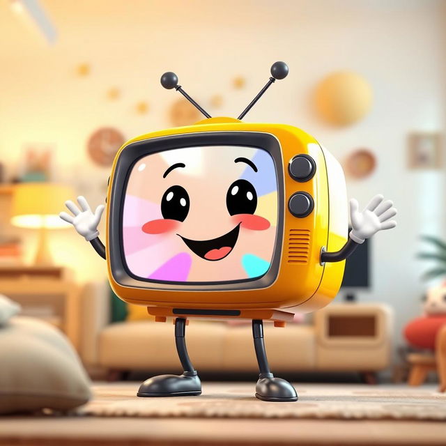 A cheerful cartoonish television with a cute smile, featuring a vibrant and playful design