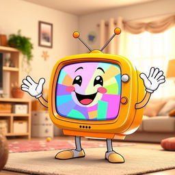 A cheerful cartoonish television with a cute smile, featuring a vibrant and playful design