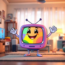 A cheerful cartoonish television with a cute smile, featuring a vibrant and playful design