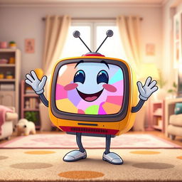 A cheerful cartoonish television with a cute smile, featuring a vibrant and playful design