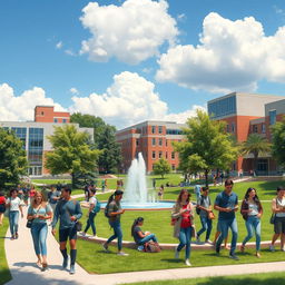 a hyper-realistic depiction of a vibrant college campus, featuring students of diverse backgrounds engaged in various activities, such as walking between classes, studying on the grass, and socializing by a fountain