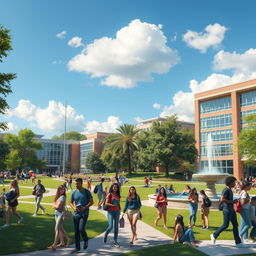 a hyper-realistic depiction of a vibrant college campus, featuring students of diverse backgrounds engaged in various activities, such as walking between classes, studying on the grass, and socializing by a fountain