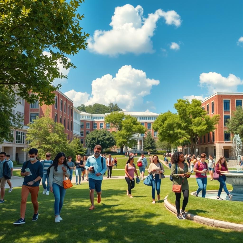 a hyper-realistic depiction of a vibrant college campus, featuring students of diverse backgrounds engaged in various activities, such as walking between classes, studying on the grass, and socializing by a fountain