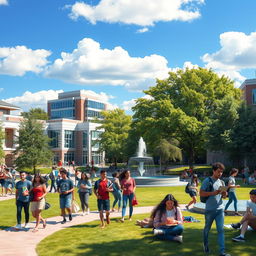 a hyper-realistic depiction of a vibrant college campus, featuring students of diverse backgrounds engaged in various activities, such as walking between classes, studying on the grass, and socializing by a fountain