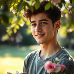 A romantic portrait of an 18-year-old Iranian boy, showcasing his deep affection for his girlfriend