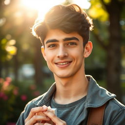 A romantic portrait of an 18-year-old Iranian boy, showcasing his deep affection for his girlfriend