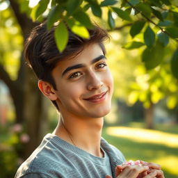 A romantic portrait of an 18-year-old Iranian boy, showcasing his deep affection for his girlfriend