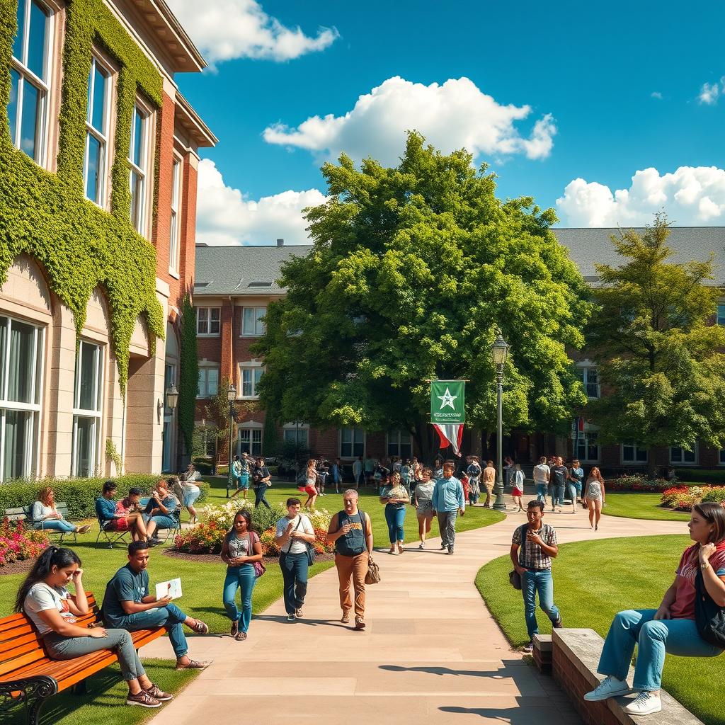 a hyper-realistic depiction of a lively college campus, showcasing students of various ethnicities engaging in different activities like studying on benches, chatting in groups, and walking with backpacks