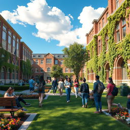 a hyper-realistic depiction of a lively college campus, showcasing students of various ethnicities engaging in different activities like studying on benches, chatting in groups, and walking with backpacks