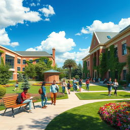 a hyper-realistic depiction of a lively college campus, showcasing students of various ethnicities engaging in different activities like studying on benches, chatting in groups, and walking with backpacks