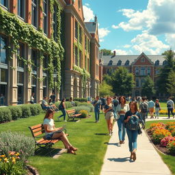 a hyper-realistic depiction of a lively college campus, showcasing students of various ethnicities engaging in different activities like studying on benches, chatting in groups, and walking with backpacks