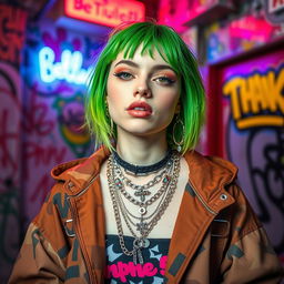 A portrait of a young woman with striking green hair, showcasing Billie Eilish's iconic style