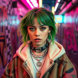 A portrait of a young woman with striking green hair, showcasing Billie Eilish's iconic style