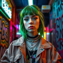 A portrait of a young woman with striking green hair, showcasing Billie Eilish's iconic style