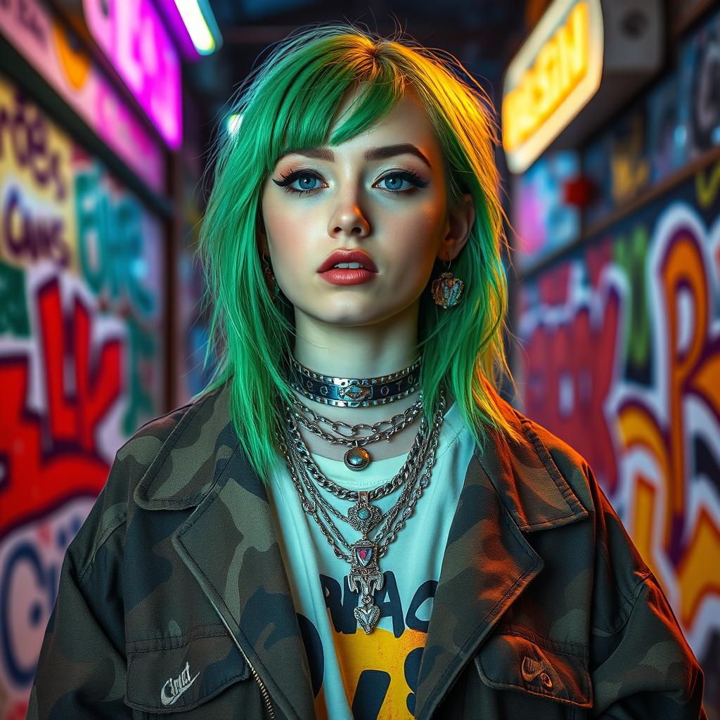 A portrait of a young woman with striking green hair, showcasing Billie Eilish's iconic style