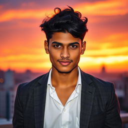 A striking portrait of a young man named Ashutosh, with deep brown eyes and tousled black hair, wearing a stylish charcoal grey blazer over a crisp white shirt