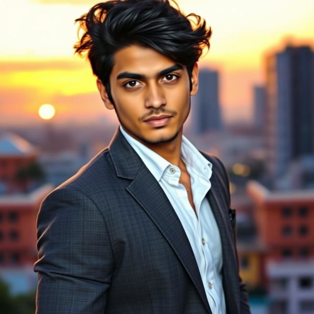 A striking portrait of a young man named Ashutosh, with deep brown eyes and tousled black hair, wearing a stylish charcoal grey blazer over a crisp white shirt