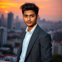 A striking portrait of a young man named Ashutosh, with deep brown eyes and tousled black hair, wearing a stylish charcoal grey blazer over a crisp white shirt
