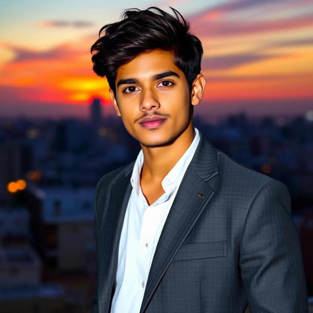 A striking portrait of a young man named Ashutosh, with deep brown eyes and tousled black hair, wearing a stylish charcoal grey blazer over a crisp white shirt