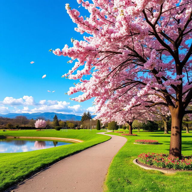 A serene park landscape, featuring a beautiful cherry blossom tree in full bloom, petals gently falling to the ground