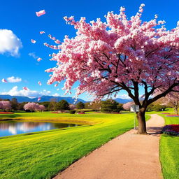 A serene park landscape, featuring a beautiful cherry blossom tree in full bloom, petals gently falling to the ground