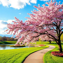 A serene park landscape, featuring a beautiful cherry blossom tree in full bloom, petals gently falling to the ground