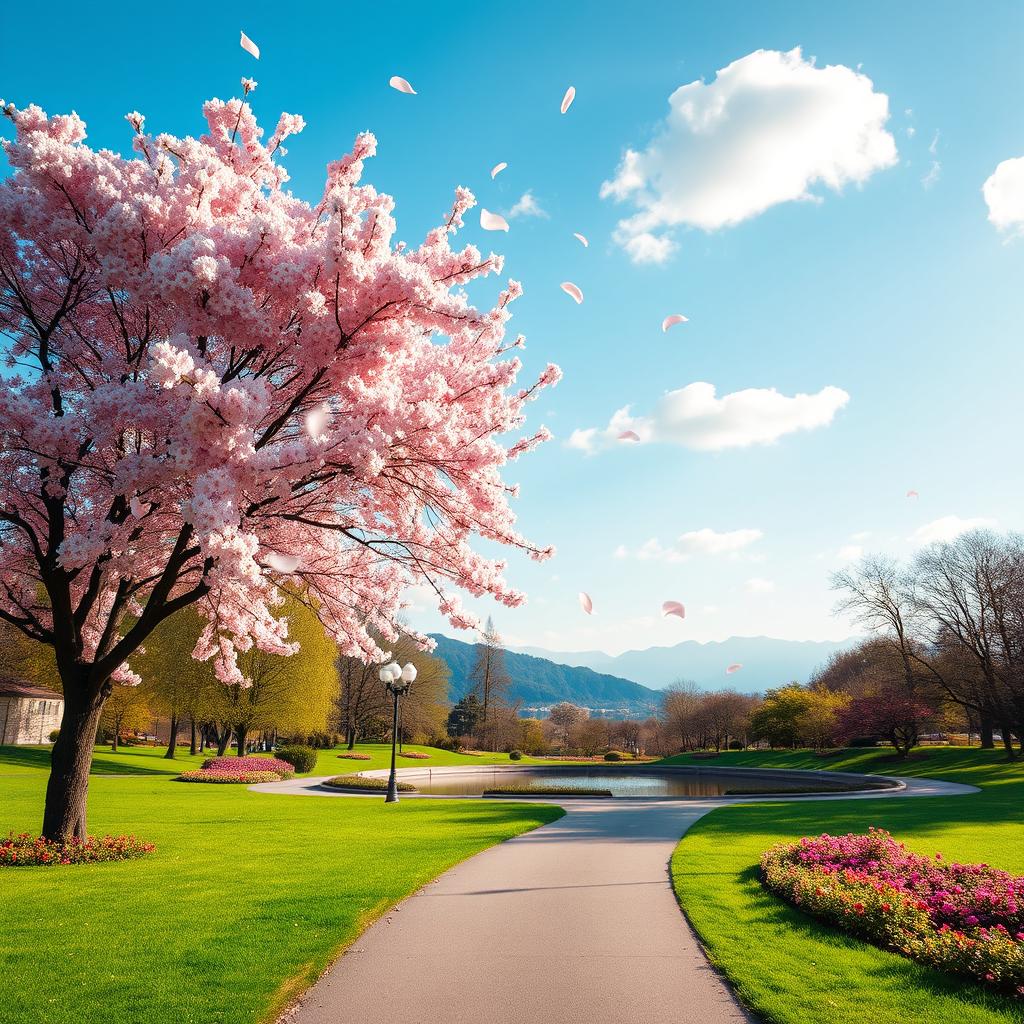 A serene park landscape, featuring a beautiful cherry blossom tree in full bloom, petals gently falling to the ground