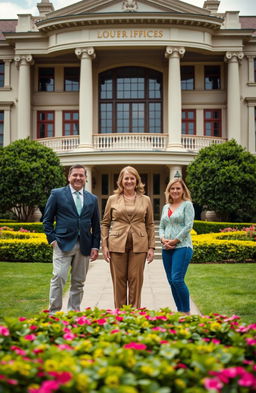 A warm and vibrant scene featuring a mother standing proudly in front of an opulent, luxurious house