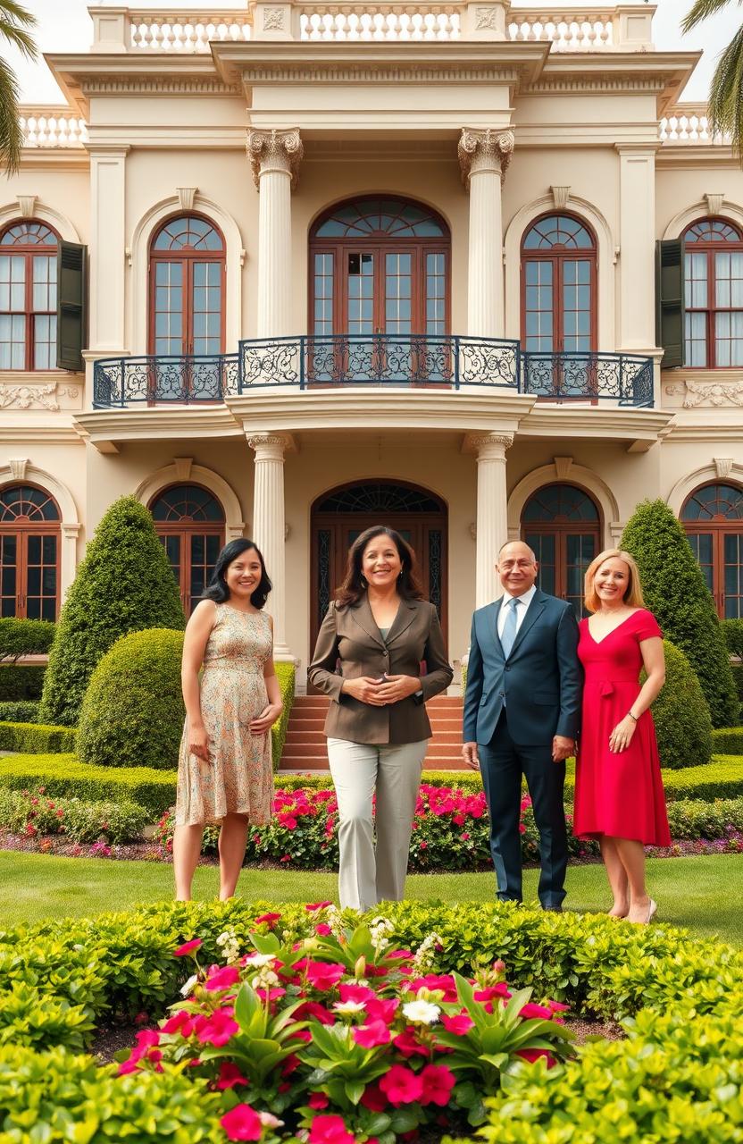 A warm and vibrant scene featuring a mother standing proudly in front of an opulent, luxurious house