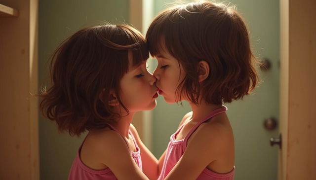 A heartwarming photograph of two tween girls with short brown hair, facing each other closely in an empty closet