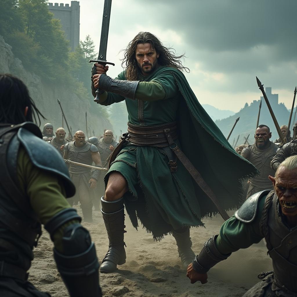 Aragorn, the legendary ranger from Middle-earth, fiercely battling a horde of orcs in an epic fantasy landscape