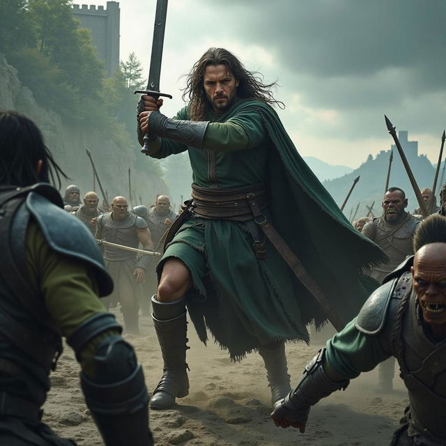 A fierce and intense scene depicting Aragorn from Middle-earth, engaged in battle against a group of orcs, showcasing an Uruk-hai facing the wrong way, adding an element of humor to the chaos