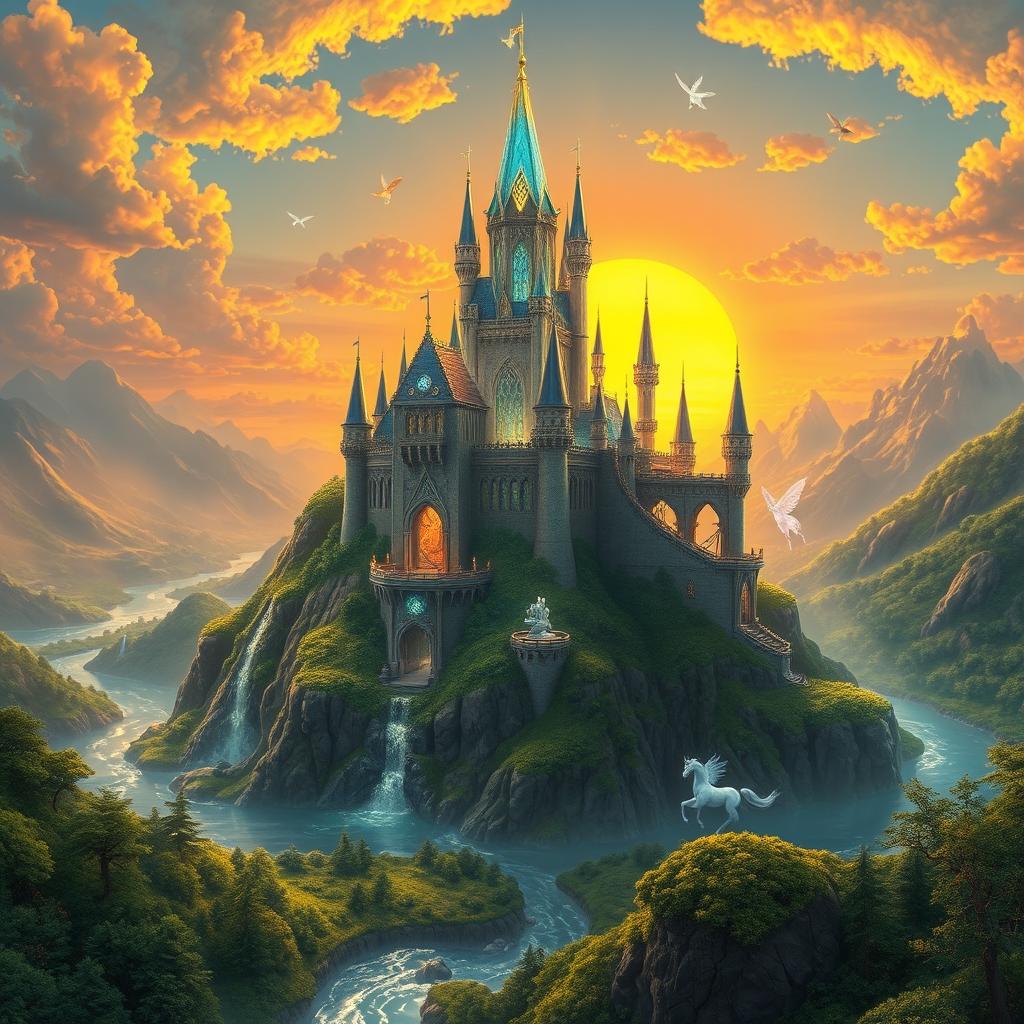 a majestic fantasy landscape featuring a radiant crystal castle atop a hill, surrounded by lush green forests and sparkling rivers, with a vivid sunset in the background, casting warm golden hues across the scene, magical creatures like fairies and unicorns gracefully moving through the scenery, intricate details in the castle's architecture, the atmosphere filled with soft glowing lights, all rendered in a stunning, vibrant color palette